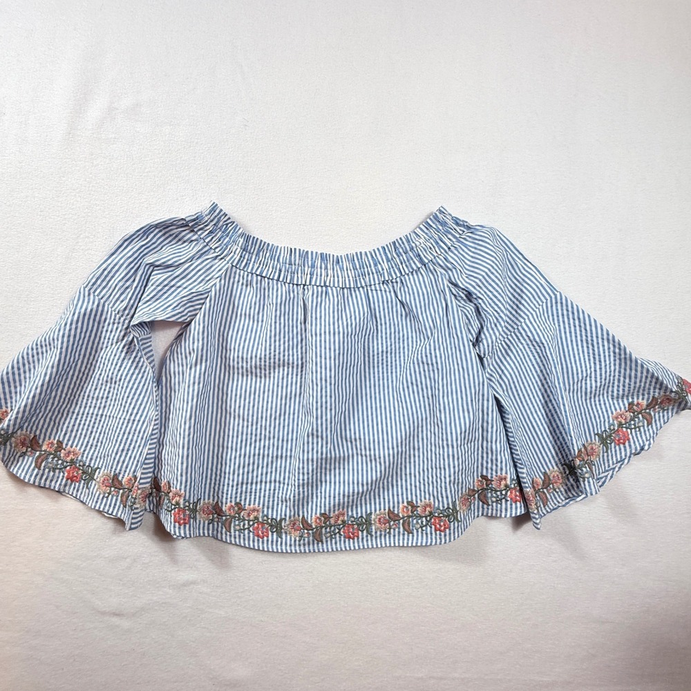 American Eagle Off Shoulder Top Small Blue Striped Floral Bell Sleeve Coastal